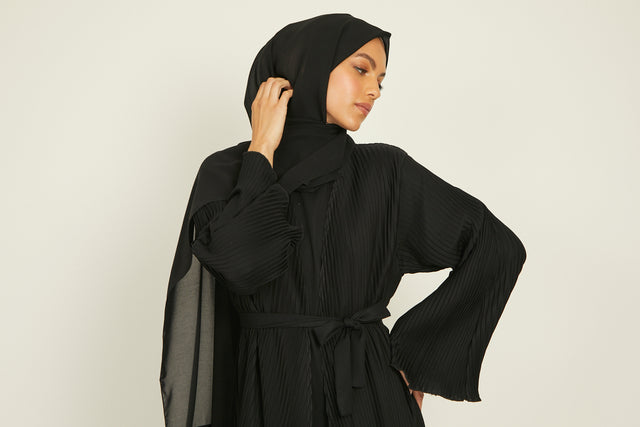 Four Piece Pleated Open Abaya Set - Black