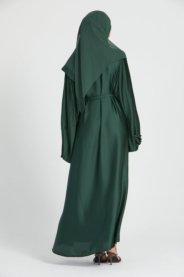 Satin Closed Abaya with Pleated Sleeves - Emerald