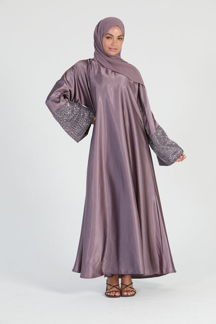 Luxury Satin Closed Abaya with Embellished Lace Cuffs - Mauve  - LIMITED EDITION
