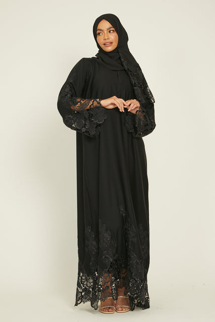 Luxury Floral Lace Closed Abaya - Black