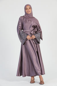 Luxury Satin Closed Abaya with Embellished Lace Cuffs - Mauve  - LIMITED EDITION