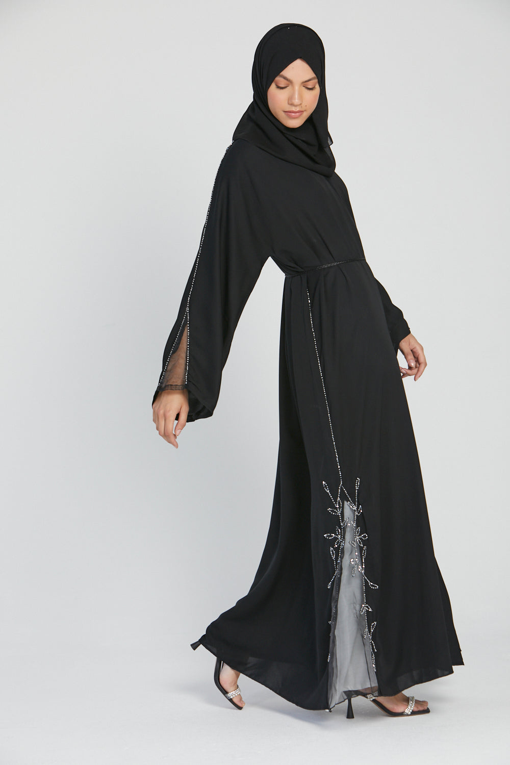 Black Embellished Open Abaya with Organza Detailing