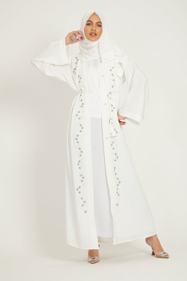White Textured Embellished Open Abaya