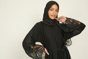Luxury Floral Lace Closed Abaya - Black