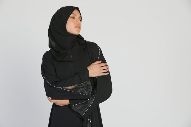 Black Embellished Open Abaya with Organza Detailing