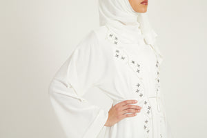 White Textured Embellished Open Abaya