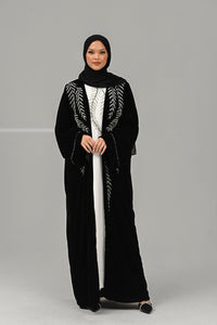 Luxury Four Piece Black Velvet Embellished Open Abaya Set