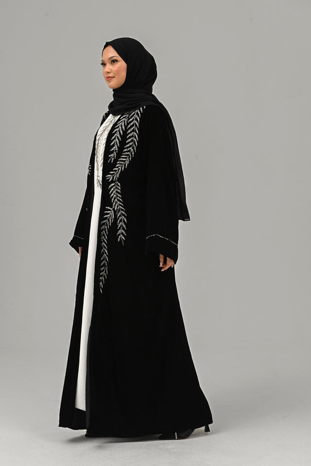 Luxury Four Piece Black Velvet Embellished Open Abaya Set