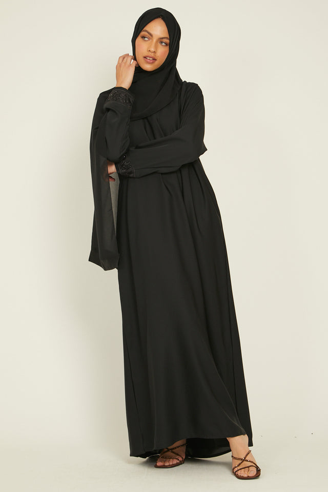 Plain Closed Abaya with Floral Cuff Detailing