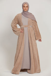 Four Piece Faux Fur Abaya Coat Set- Nude