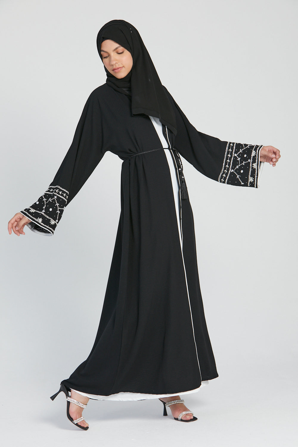 Black Open Abaya with Embellished Cuffs