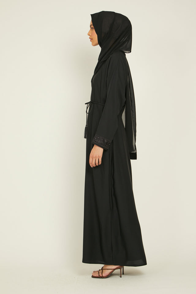 Plain Abaya with Floral Cuff Detailing