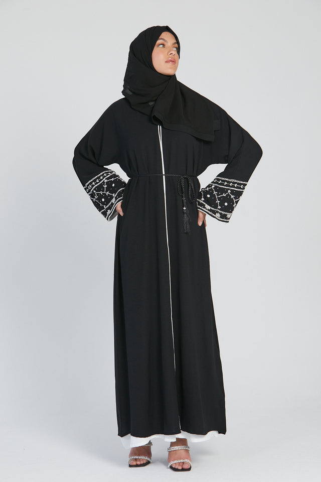 Black Open Abaya with Embellished Cuffs