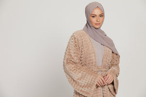 Four Piece Faux Fur Abaya Coat Set- Nude