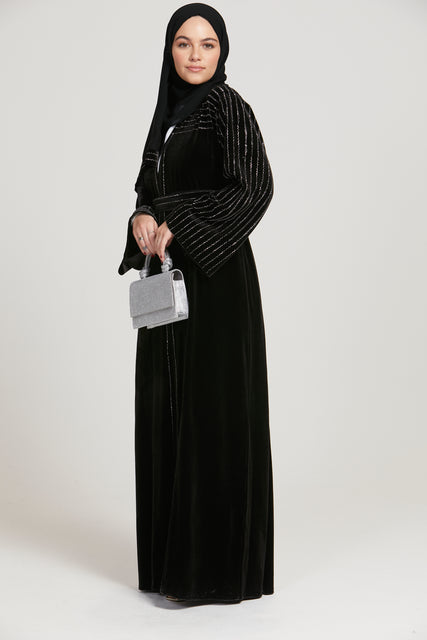 Black Velvet Open Abaya with Silver Embellishments