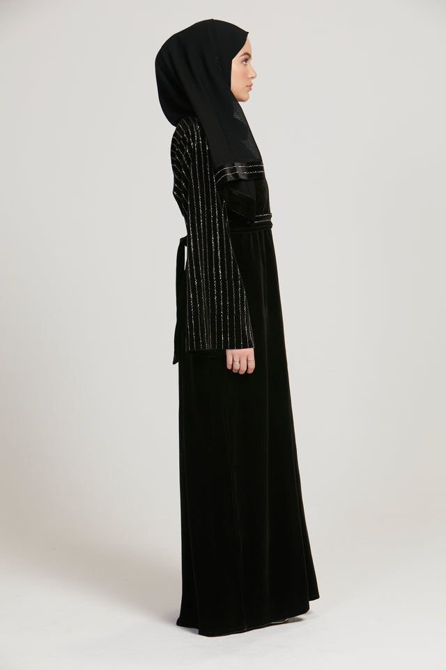 Black Velvet Open Abaya with Silver Embellishments