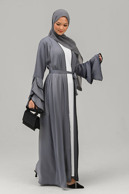 Four Piece Embellished Layered Sleeves Open Abaya Set - Twilight Grey
