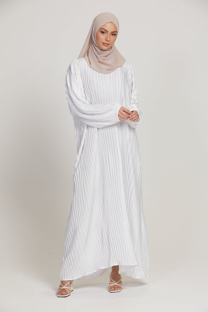 Pleated Satin Inner Slip Dress -  Off White - Long Sleeve