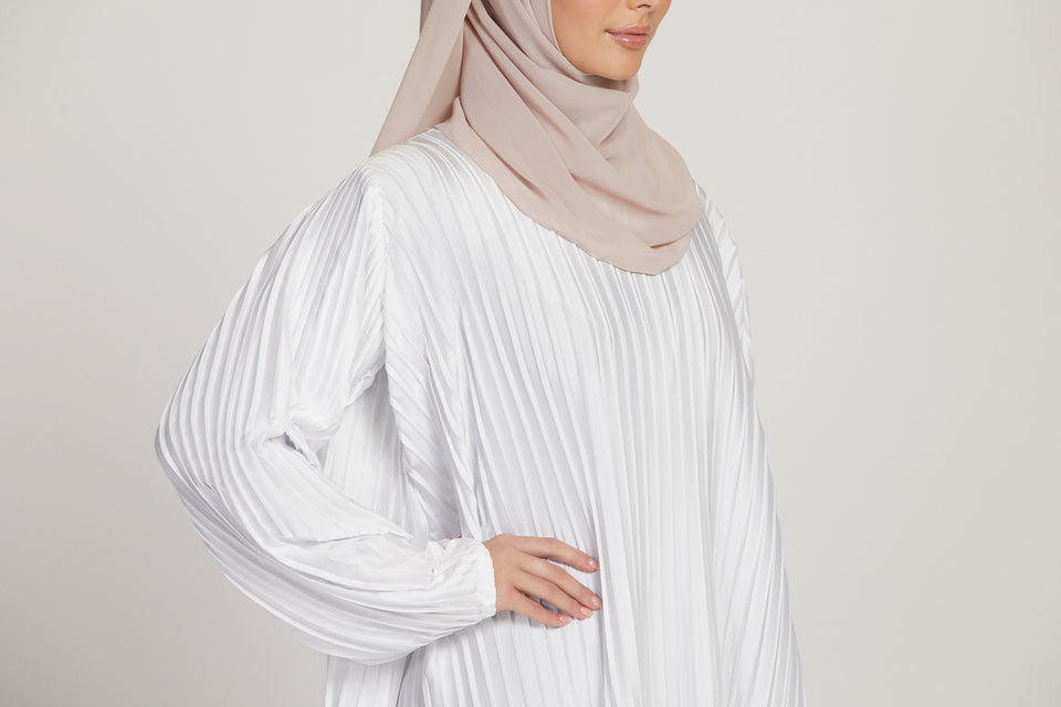 Pleated Satin Inner Slip Dress -  Off White - Long Sleeve