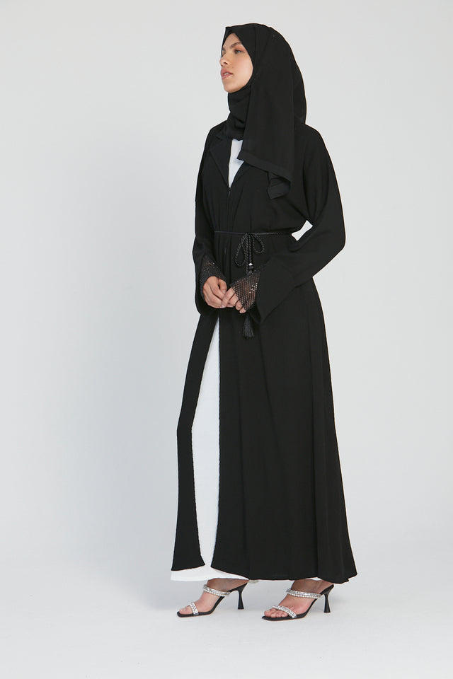 Collared Black Open Abaya with Embellished Lace Cuffs