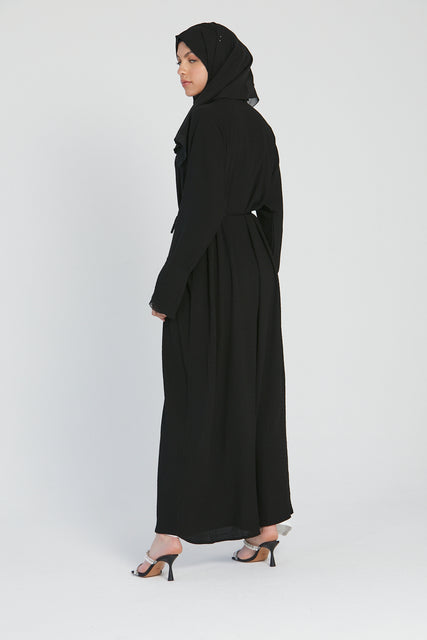 Collared Black Open Abaya with Embellished Lace Cuffs
