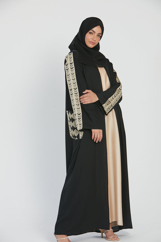 Aztec Embroidered Black Open Abaya with Pockets
