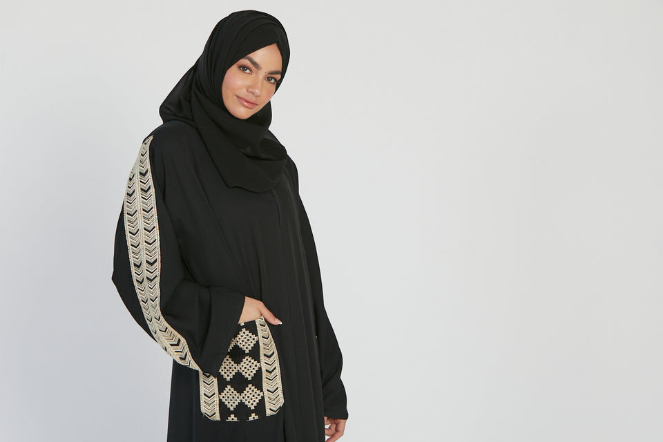 Aztec Embroidered Black Open Abaya with Pockets