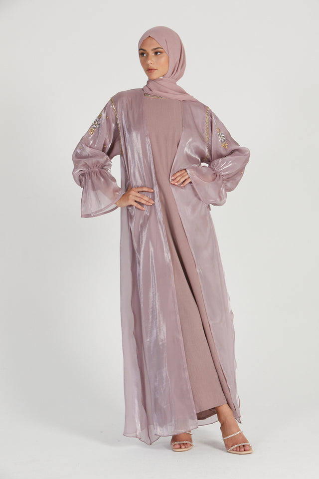 Four Piece Embellished Organza Open Abaya Set - Dusty Mink