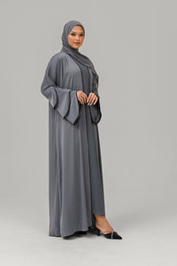 Four Piece Embellished Layered Sleeves Open Abaya Set - Twilight Grey