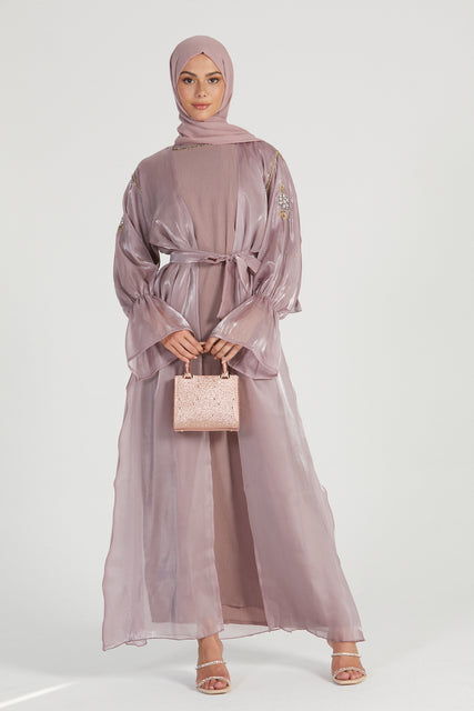 Four Piece Embellished Organza Open Abaya Set - Dusty Mink
