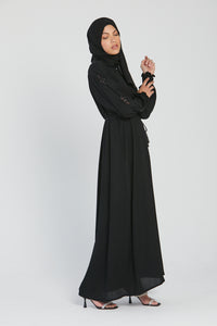Premium Black Textured Floral Embellished Closed Abaya