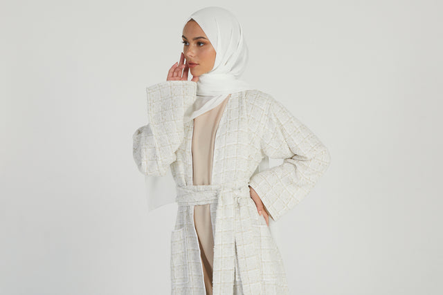 Tweed Open Jacket Abaya - Off White and Gold - LIMITED EDITION