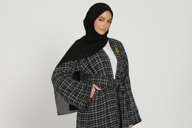 Tweed Open Jacket Abaya - Black and White - LIMITED EDITION