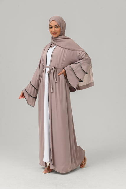 Four Piece Embellished Layered Sleeves Open Abaya Set - Nude