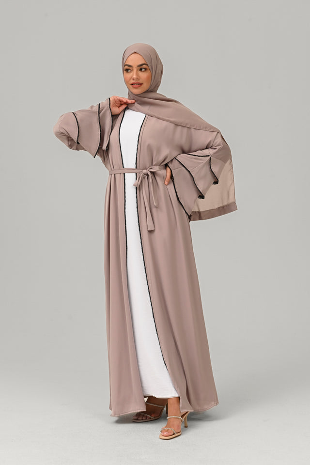 Four Piece Embellished Layered Sleeves Open Abaya Set - Nude