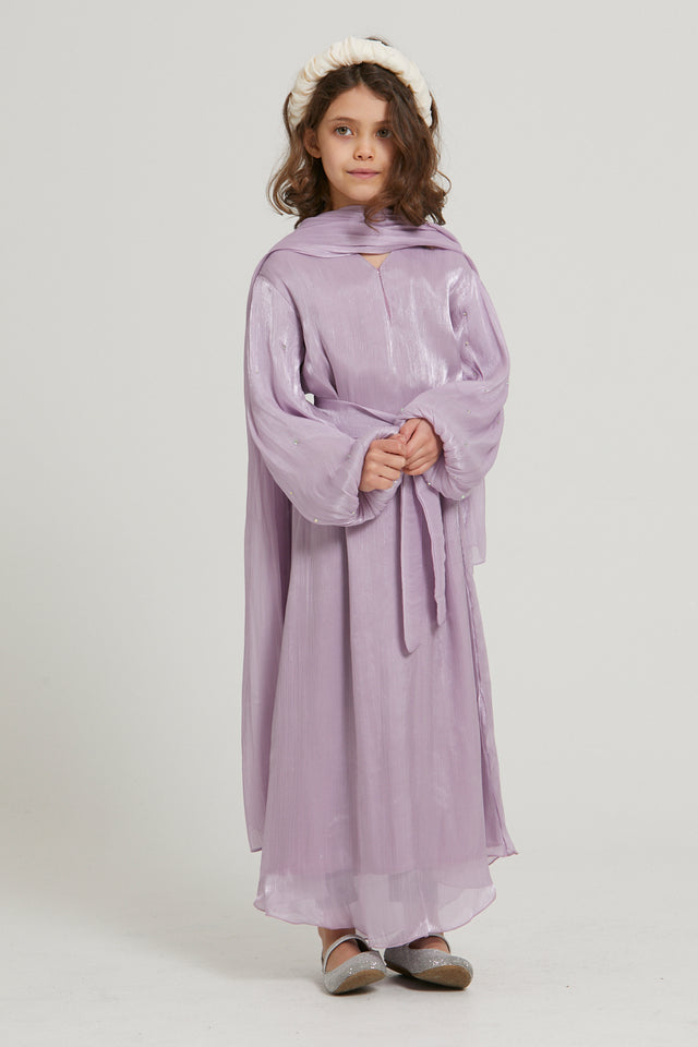 Junior Girls Premium Organza Frost Dainty Embellished Closed Abaya - Lavender
