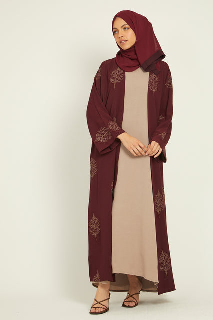 Four Piece Maroon and Light Taupe Embroidered Open Abaya