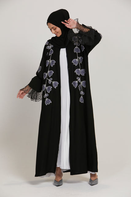 Luxury Velvet Open Abaya with Organza Floral Detailing