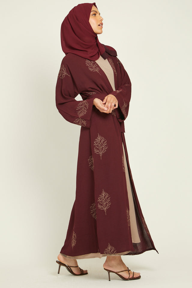 Four Piece Maroon and Light Taupe Embroidered Open Abaya
