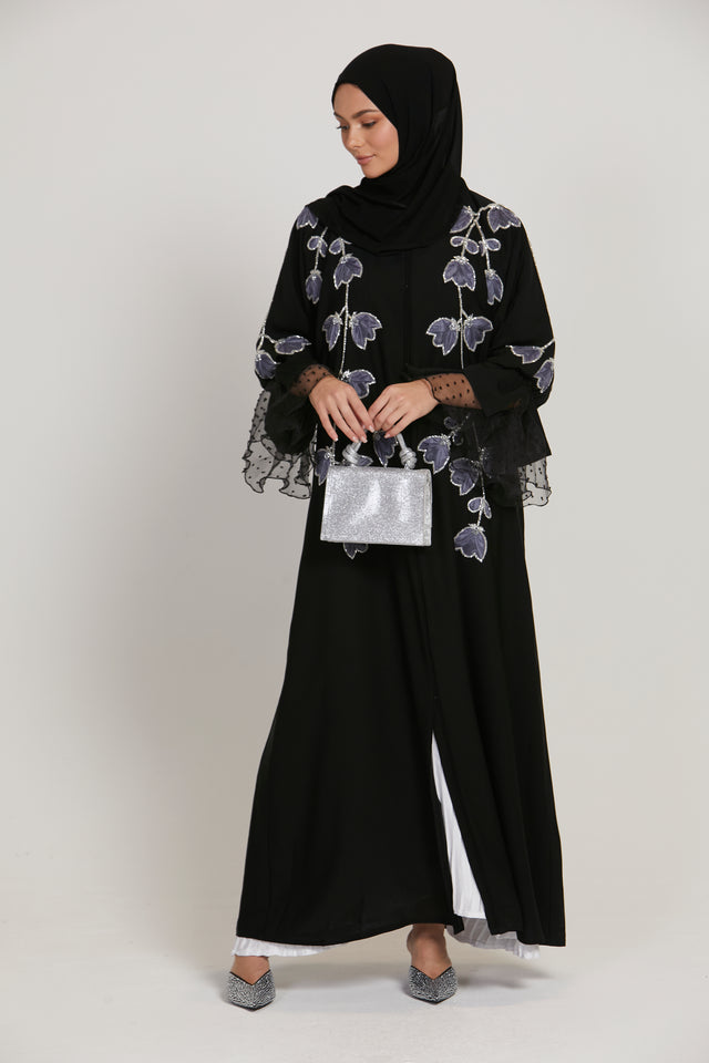 Luxury Blooming Cuff Open Abaya with Organza Floral Detailing