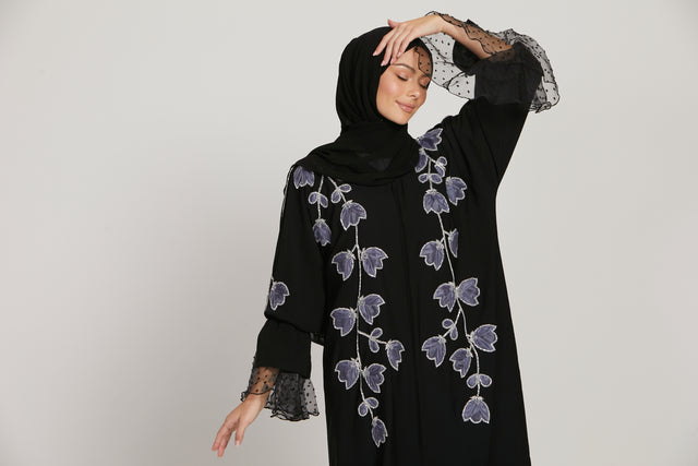 Luxury Velvet Open Abaya with Organza Floral Detailing