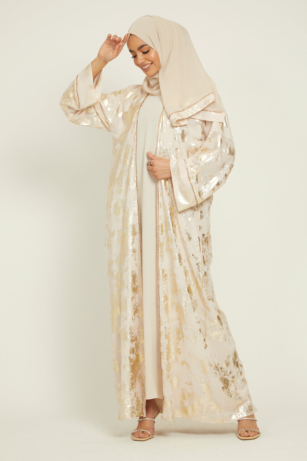 Four Piece Abstract Open Abaya Set - Nude