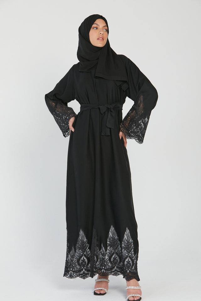 Luxury Black Closed Abaya with Motif Lace