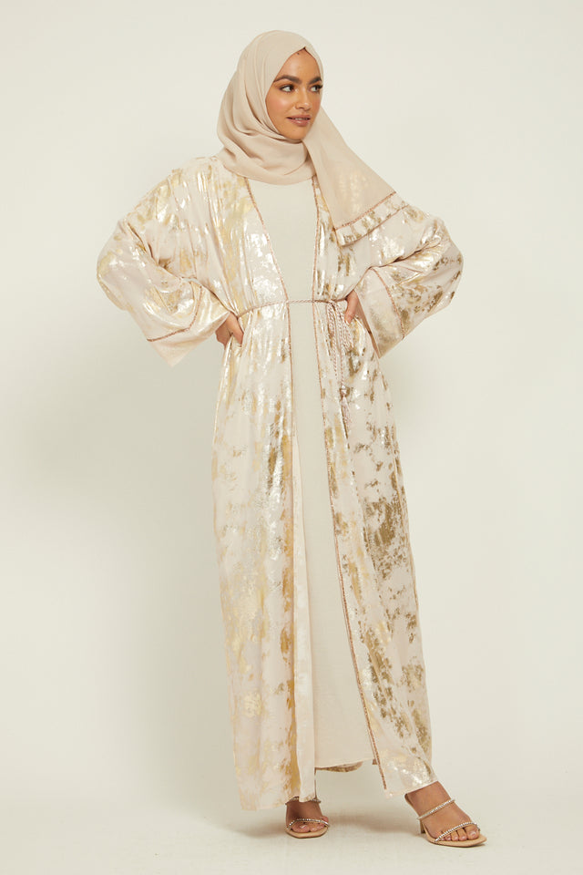Four Piece Abstract Open Abaya Set - Nude
