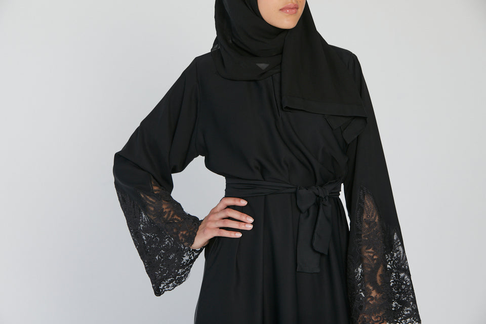 Luxury Black Closed Abaya with Motif Lace