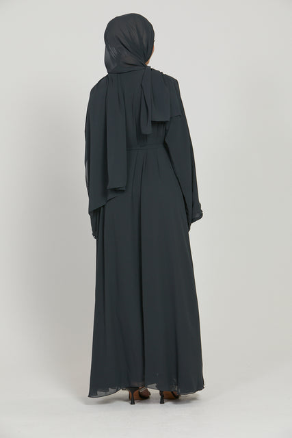Premium Slate Grey Motif Embellished Open Abaya