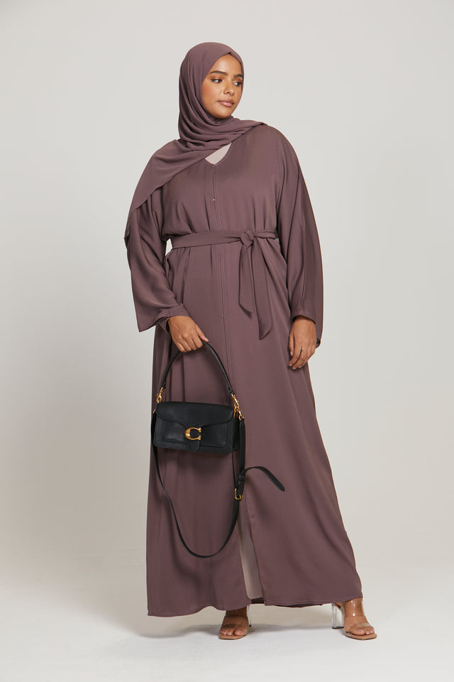 Plus Size Premium Textured Open Abaya - Deep Mauve