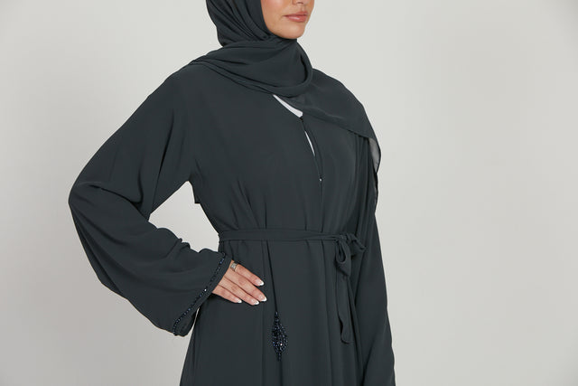 Premium Slate Grey Motif Embellished Open Abaya