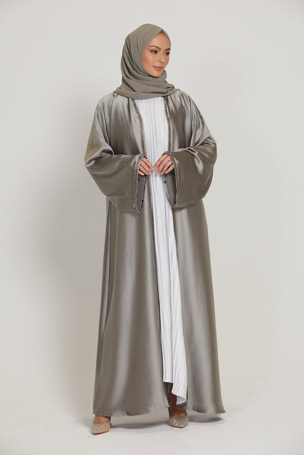 Premium Olive Grey Satin Embellished Open Abaya - Limited Edition