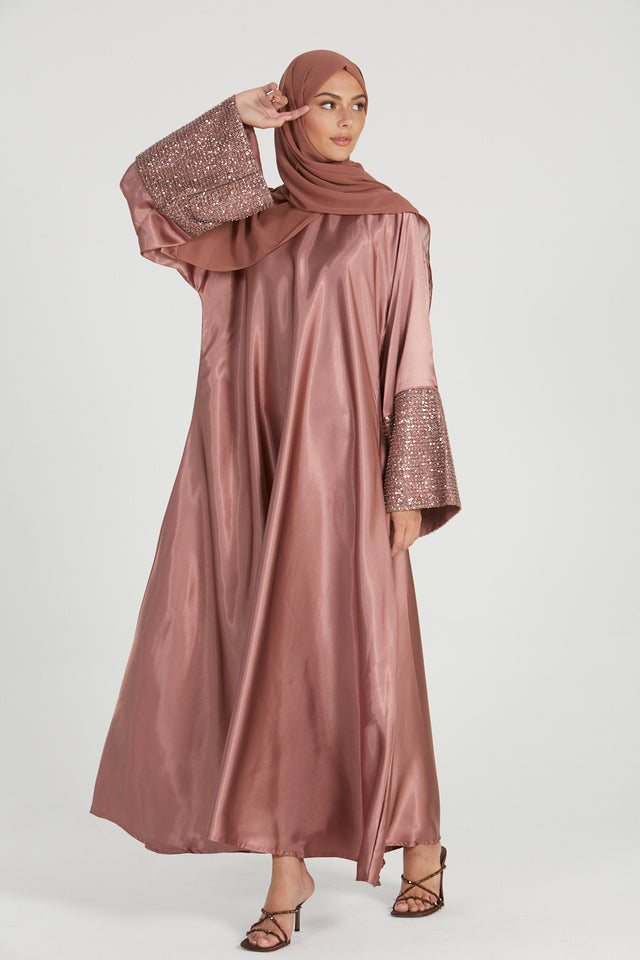 Luxury Satin Closed Abaya with Embellished Lace Cuffs - French Rose - LIMITED EDITION
